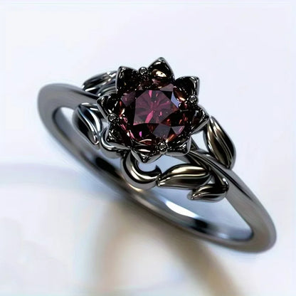 LATS Black Color Flower Red Stone Rings for Women Charm Jewelry Accessories Rose Ring Party Gift