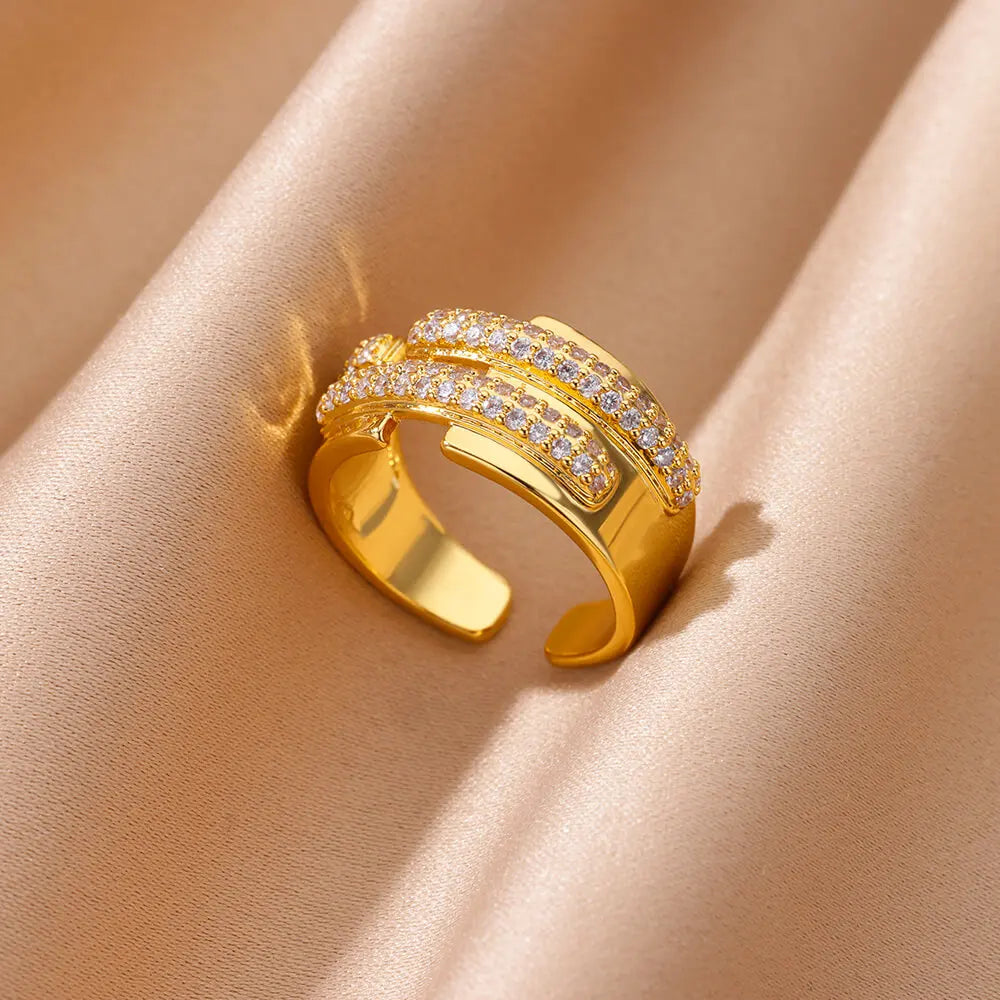 Zircon Cristal Geometric Rings For Women Stainless Steel Gold Color Adjustable Finger Ring Trendy Wedding Luxury Jewerly Gift