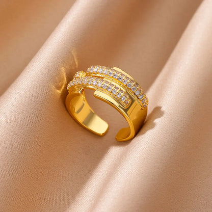 Zircon Cristal Geometric Rings For Women Stainless Steel Gold Color Adjustable Finger Ring Trendy Wedding Luxury Jewerly Gift