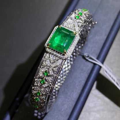 Luxury Silver Color Emerald Bracelet for Women Female Micro Inlaid Zircon Dual Color Bangle Cuff Wedding Party Jewelry Gift