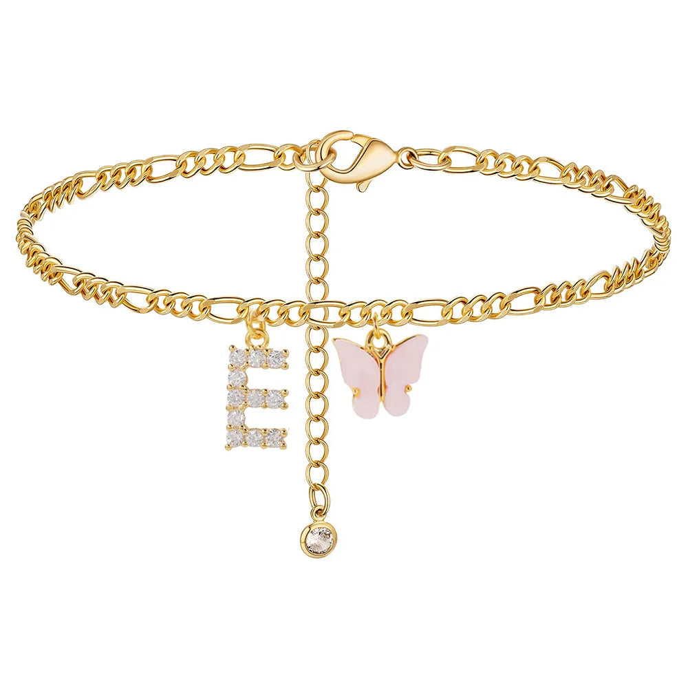 Butterfly Cuban Link Anklet A-Z Letter Initial Anklets Bracelet for Women Stainless Steel Beach Leg Foot Chains Wholesale 2024