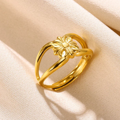 Stainless Steel Rings for Women Gold Color Couple Jewelry Aesthetic Accessorie Adjustable Punk Embossed Hollow Ring