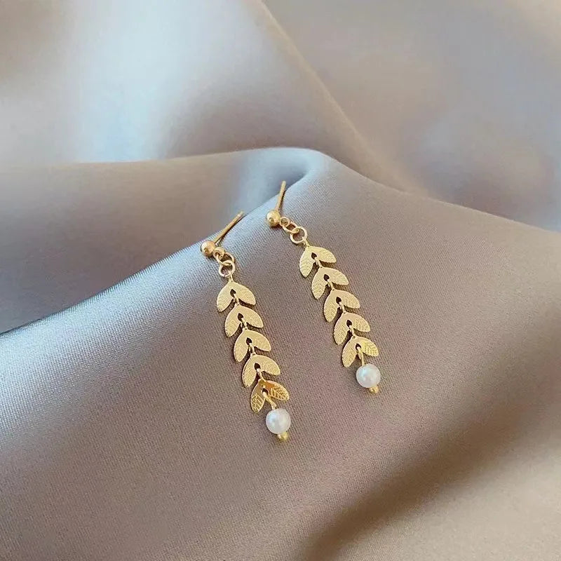 New Simple Wheat Ear Pearl Bracelet Necklace Earrings Jewelry Set for Women Lucky Gold Color Bracelet Charm Jewelry Necklaces