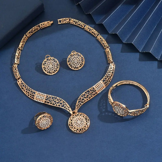 Retro Jewelry Sets Shiny Hollow Design Necklaces Bracelets Ring Sets Golden High Quality Women Necklace Set Wedding Engagement