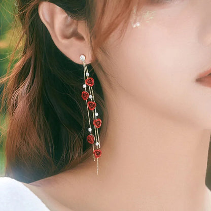 New Rose Flower Long Tassel Dangle Earrings Women Blue Red Green Rhinestone Flowers Hanging Earring Girls Party Wedding Jewelry