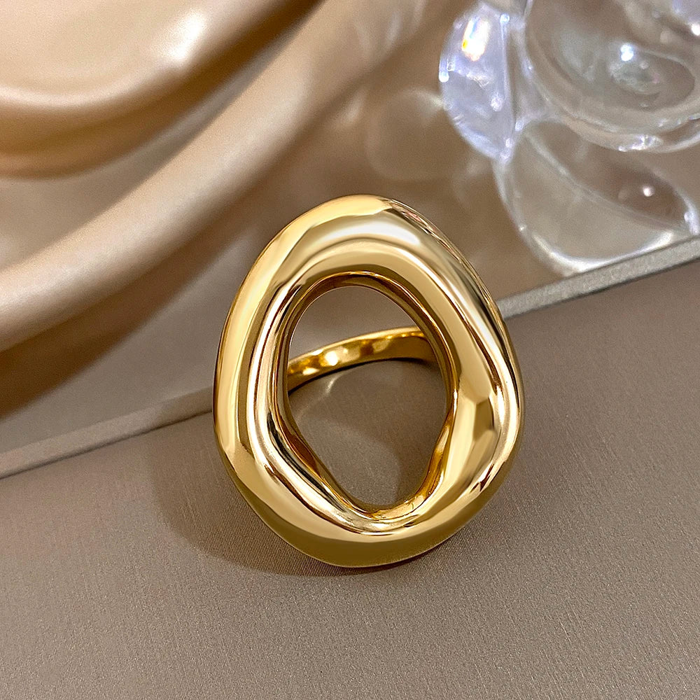 Irregular Geometric Circle Rings for Women Men Fashion Chunky Gold Plated Stainless Steel Finger Rings Unique Design Jewelry