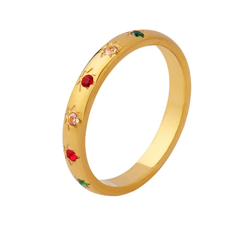 INS Stainless Steel Rainbow Color Cubic Zircon Stone Finger Rings for Women Gold Plated Waterproof Stacker Ring Jewelry Gift