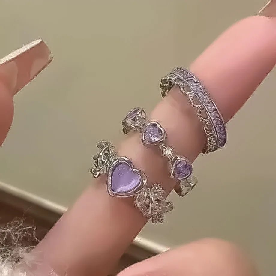 LATS 2PCS Crystal Crown Adjustable Ring Irregular Geometry Vintage Rings Set for Women Girls New Fashion Jewelry