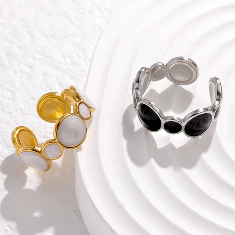DLseek Round Black White Drip Oil Rings for Women Fashion Open Adjustable Gold Plated Stainless Steel Ring Charms Jewelry Gifts