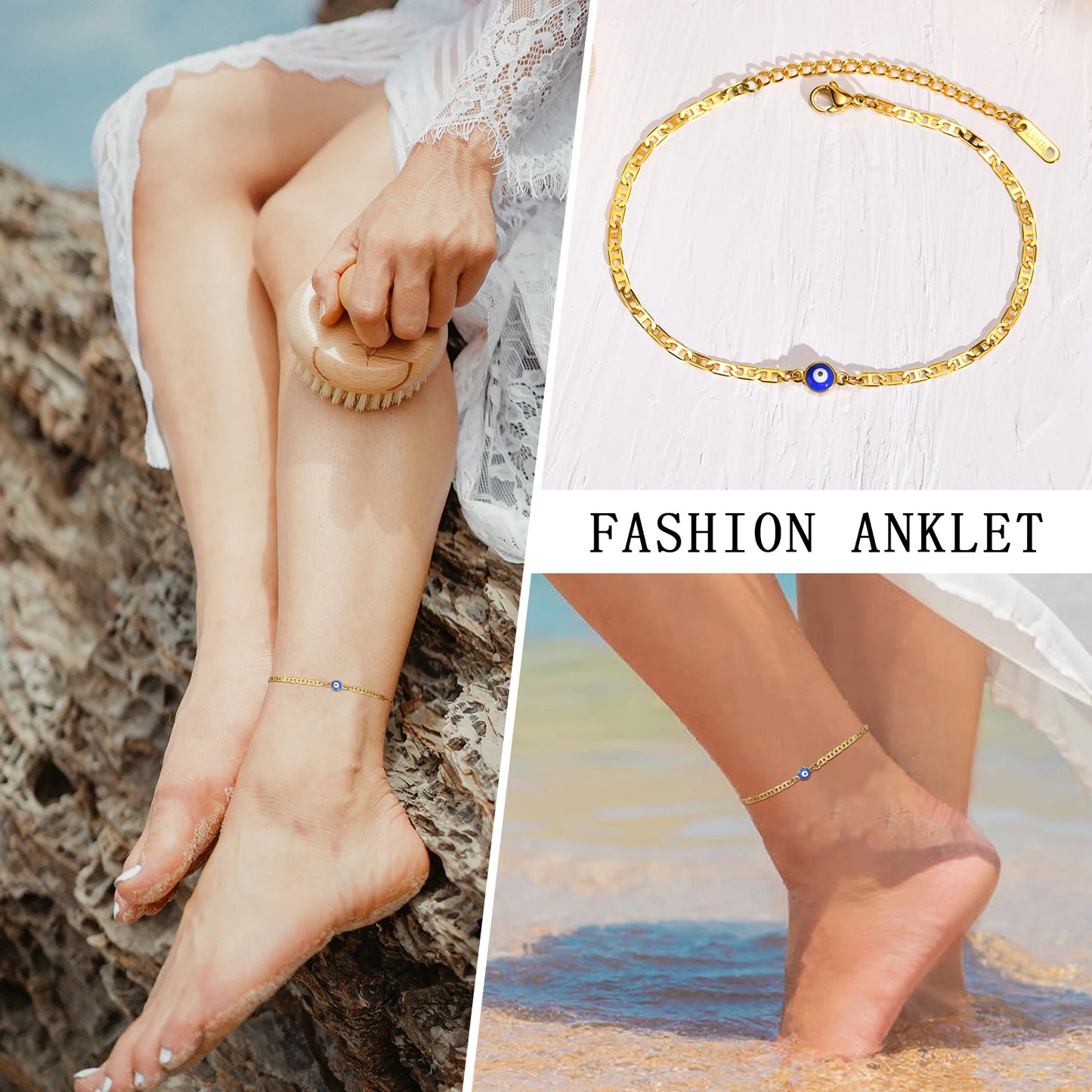 Anklets for Men, Turkey Evil Blue Eye Anklet. Stainless Steel Flat Mariner Link Ancho Chain Bracelet Anklet, Women Jewelry