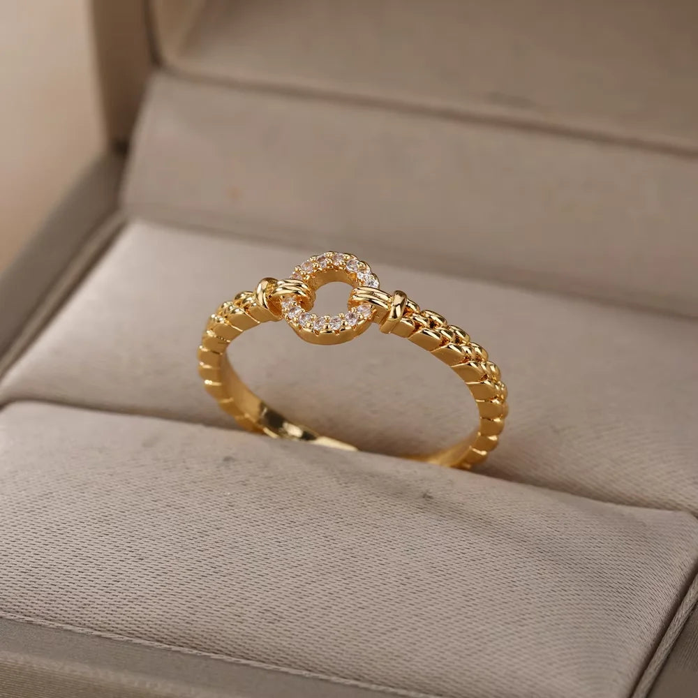 Zircon Round Rings For Women Punk Rock Chain Esthetics Open Adjusted Ring Accessories Finger Jewelry Dainty Gift Bijoux Femme