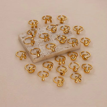 Gold Color Cute Bubble Letters Rings For Women Stainless Steel A-Z Alphabet Opening Ring Wedding Party Christmas Jewelry