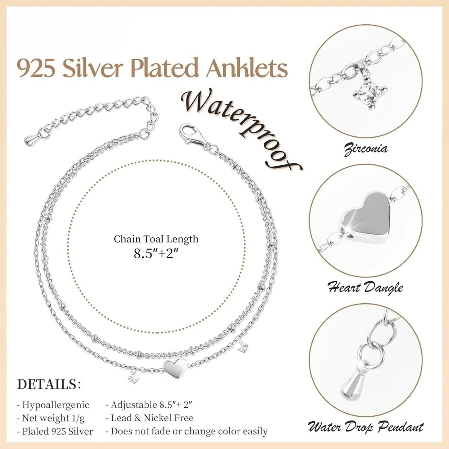 Anklet Bracelets for Women Waterproof, 925 Sliver Plated CZ Heart Layer Anklets for Women Anklet Gifts for Women, Jewelry Gifts