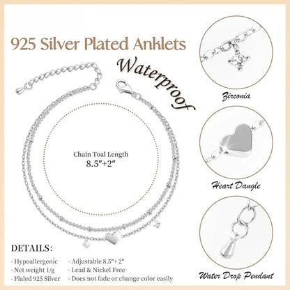 Anklet Bracelets for Women Waterproof, 925 Sliver Plated CZ Heart Layer Anklets for Women Anklet Gifts for Women, Jewelry Gifts