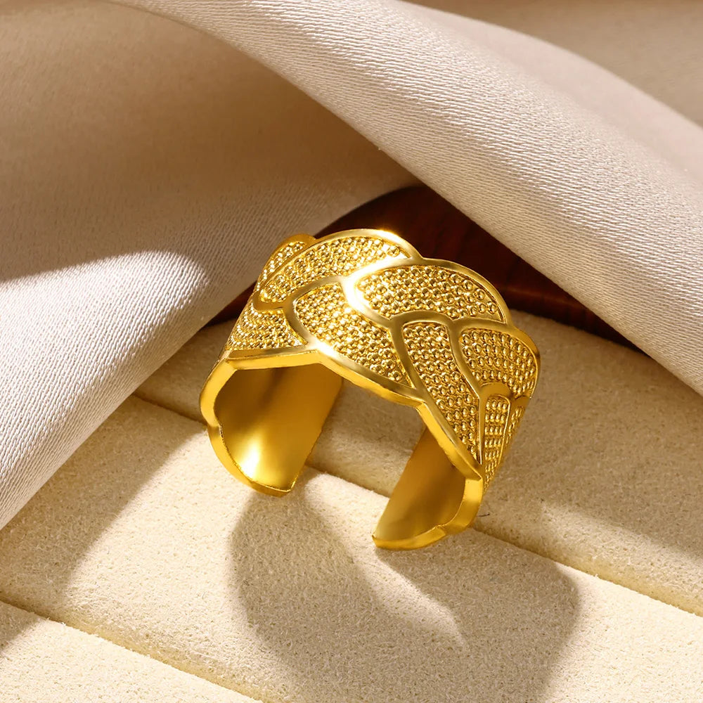 Stainless Steel Rings for Women Gold Color Couple Jewelry Aesthetic Accessorie Adjustable Punk Embossed Hollow Ring