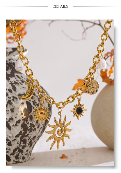 Yhpup Trendy Starfish Moon Sun Shaped Pendant Charm Necklace Statement Stainless Steel Golden Chain Fashion Jewelry PVD Plated