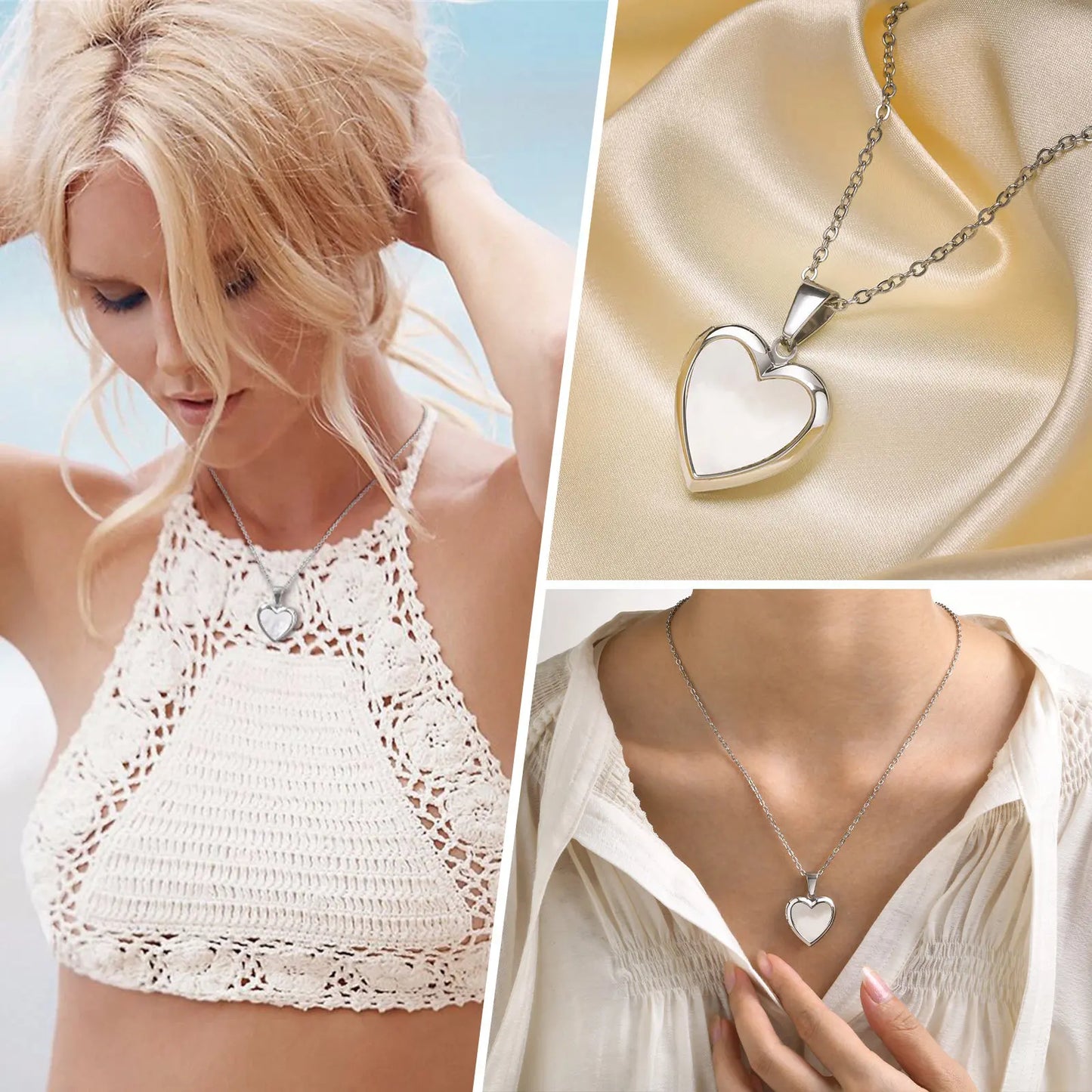 Shell Heart Locket Necklace for Women,  Mother Of Pearl Love Shape Pendant, Elegant Stainless Steel Jewelry