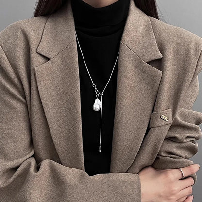 LATS Stainless Steel Long with Baroque Pearls Necklace for Women Adjustable Chain Sweater Accessories Fashion Jewelry