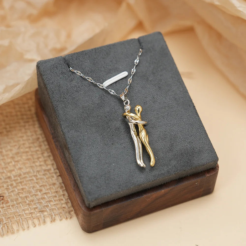 LATS Stainless Steel Couple Hugging Pendant Necklace for Women Men Silver Color Love Chain Good Friend Gifts Fashion Jewelry