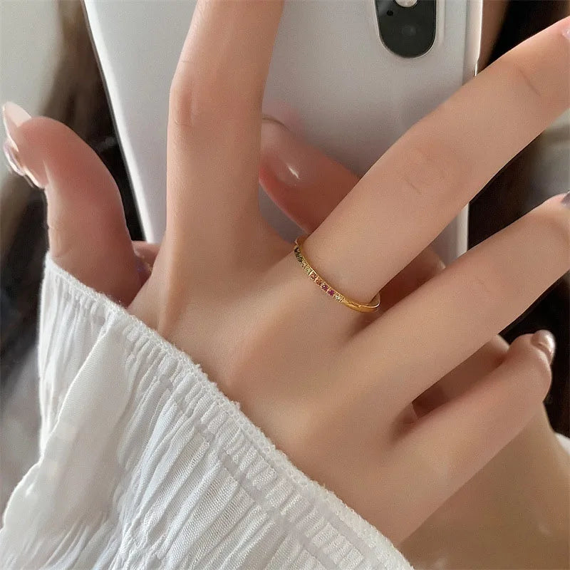 INS Stainless Steel Rainbow Color Cubic Zircon Stone Finger Rings for Women Gold Plated Waterproof Stacker Ring Jewelry Gift