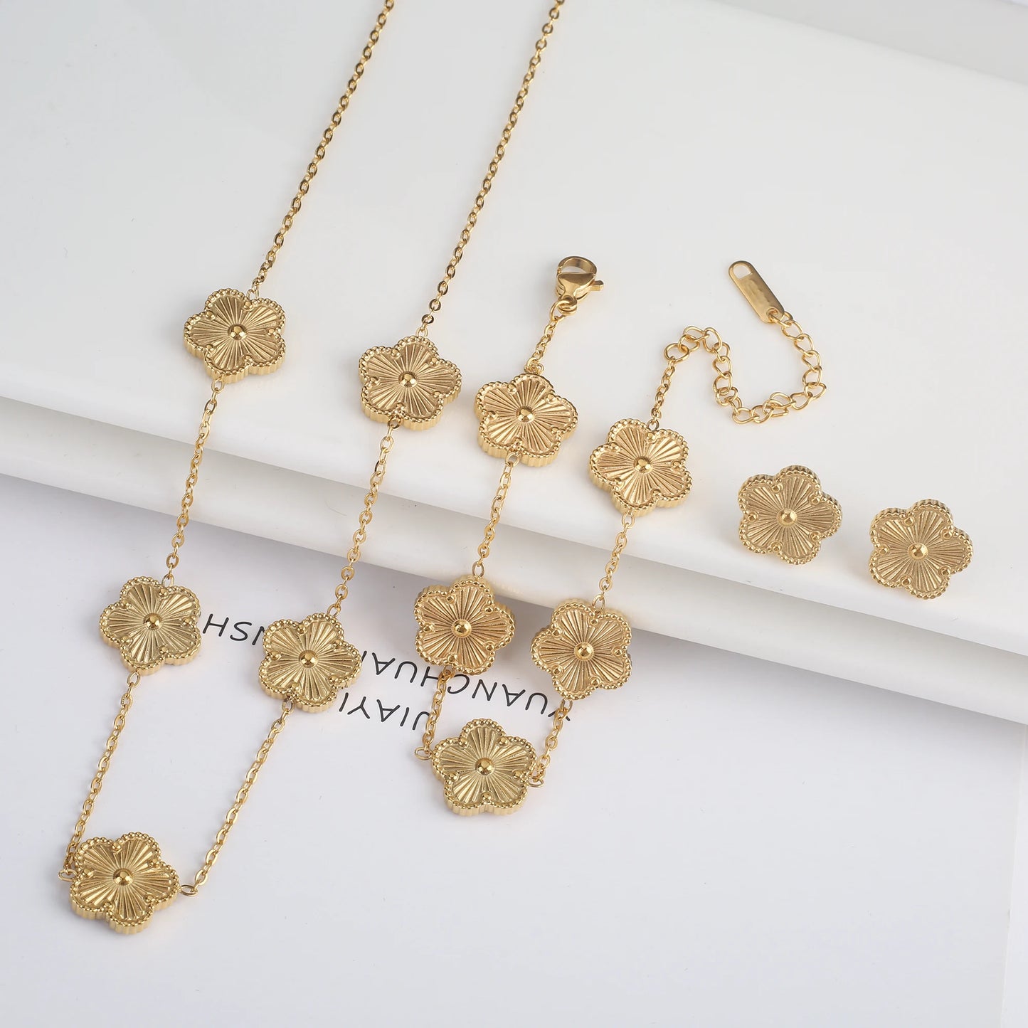 INS Hot Sale Stainless Steel Five Laef Flower Clover Bracelet Jewelry Set Necklace Earrings For Woman Daily Wear Brand Jewelry