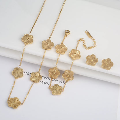 INS Hot Sale Stainless Steel Five Laef Flower Clover Bracelet Jewelry Set Necklace Earrings For Woman Daily Wear Brand Jewelry