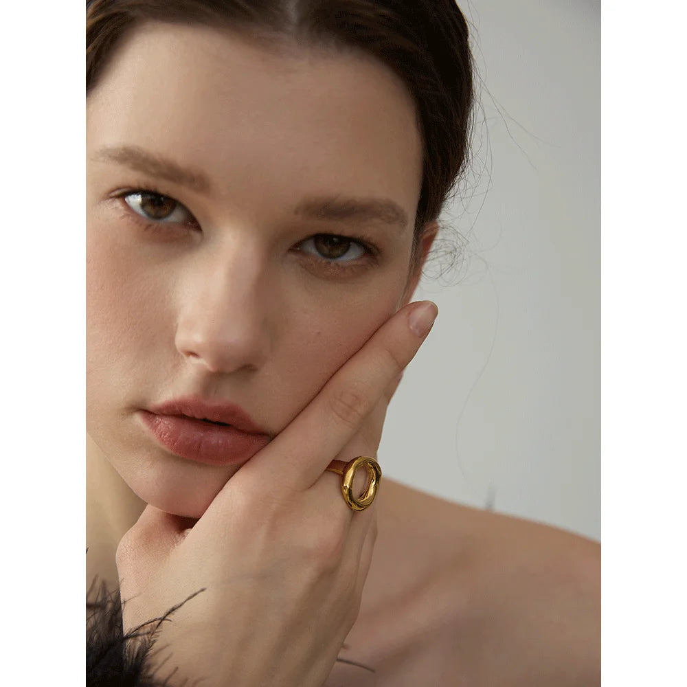 Yhpup Creative Stainless Steel Geometric Hollow Golden Minimalist Ring Fashion Waterproof Unusual Trendy Textured Jewelry