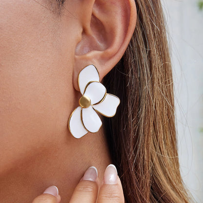 Uworld Fashion Trend 18K Gold Color Plated Stainless Steel Pink Drip Oil Flower Earrings Geometric Ear Studs Women's Accessories