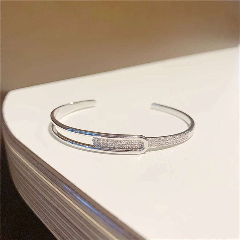 Silver Plated Micro Zircon Open Bangle For Women 2023 Korean Simple Design Hollow Versatile Bracelet Wedding Jewelry Party Gift