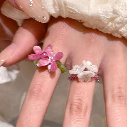 Violet Flower Acrylic Ring New Korean Style White Lily Index Finger Ring Elastic Beaded Unique Creativity Fold Women Jewelry
