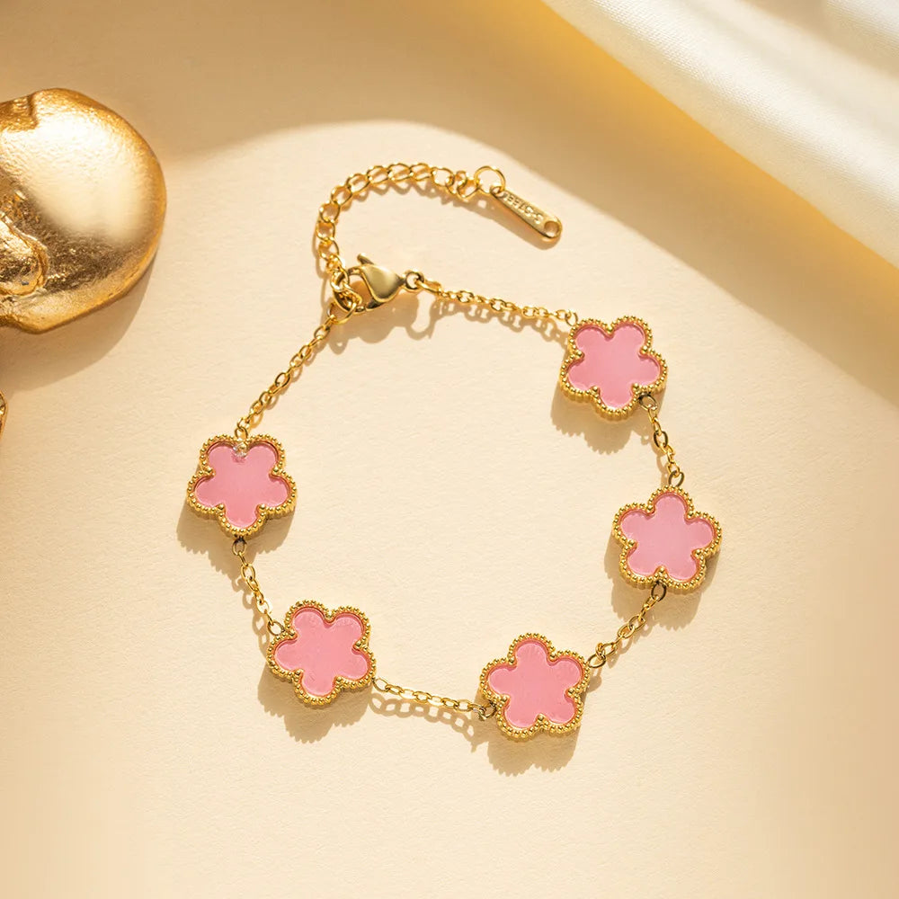 IFYOUOO Stainless Steel Bracelet Double Sided Bracelets Five Leaf Petals Flower Gold Plated Clover Women Fashion Jewely