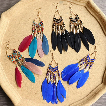 Bohemian Ethnic Feather Dangle Earrings For Women Trendy Long Tassel Colorful Beads Drop Earrings Girl Female Boho Jewelry