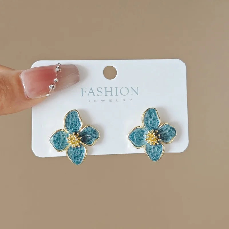 Light Green Enamel Oil Flower Stud Earrings for Women Elegant Four Blooming Petals Plant Earrings Cute Trendy Party Jewelry Gift