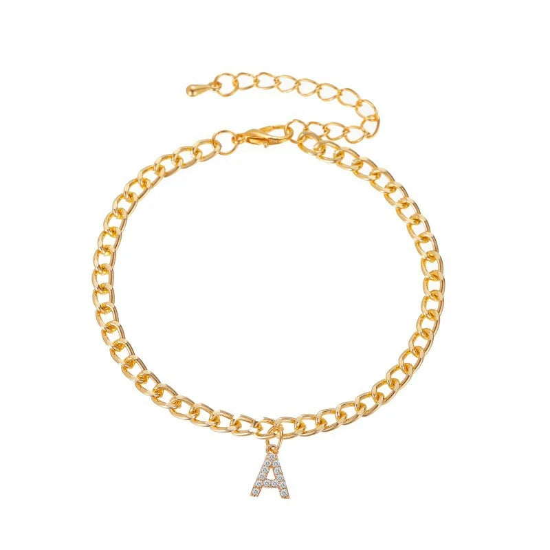 Crystal Initial Letter Anklets For Women Alphabet Cuban Link Foot Chain Beach Leg Chain Bracelets Boho Tiny Zircon Jewelry Gift