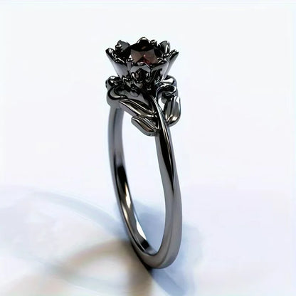 LATS Black Color Flower Red Stone Rings for Women Charm Jewelry Accessories Rose Ring Party Gift
