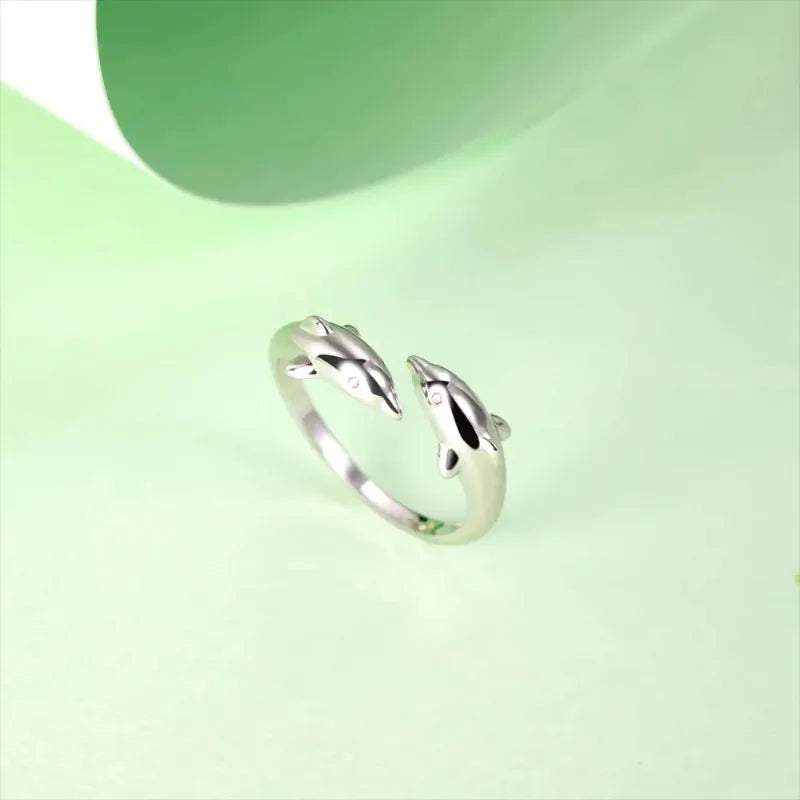 Trumium 100% 925 Silver Ring Trendy Double Dolphin rings for Women Girl Finger Fine Jewelry Women Open No Fade Whosales