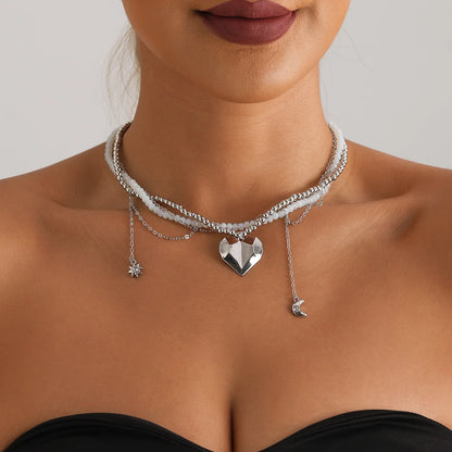 LATS Heart Beaded Necklace Women Boho Crystal Class Gravel Clavicle Chain Cool Y2K Choker Exquisite Fashion Jewelry