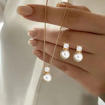 LATS 3 Pcs/Set Round Pearl Pendant Necklace For Women Exquisite Fashion Rhinestone Double  Earring Wedding Jewelry Set Gift