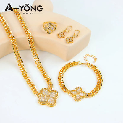 Italian Jewelry Set 21k Gold Plated Zircon Dubai Luxury Necklace Bracelet Earrings Ring Sets Women Wedding Birthday Party Gifts