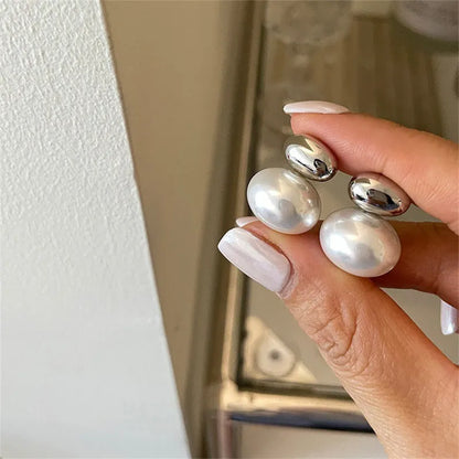 LATS New French Elegant Gold Color Bean Spliced Flat Pearl Earrings for Korean Fashion Jewelry Party Women's Sweet Accessories