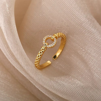 Zircon Round Rings For Women Punk Rock Chain Esthetics Open Adjusted Ring Accessories Finger Jewelry Dainty Gift Bijoux Femme