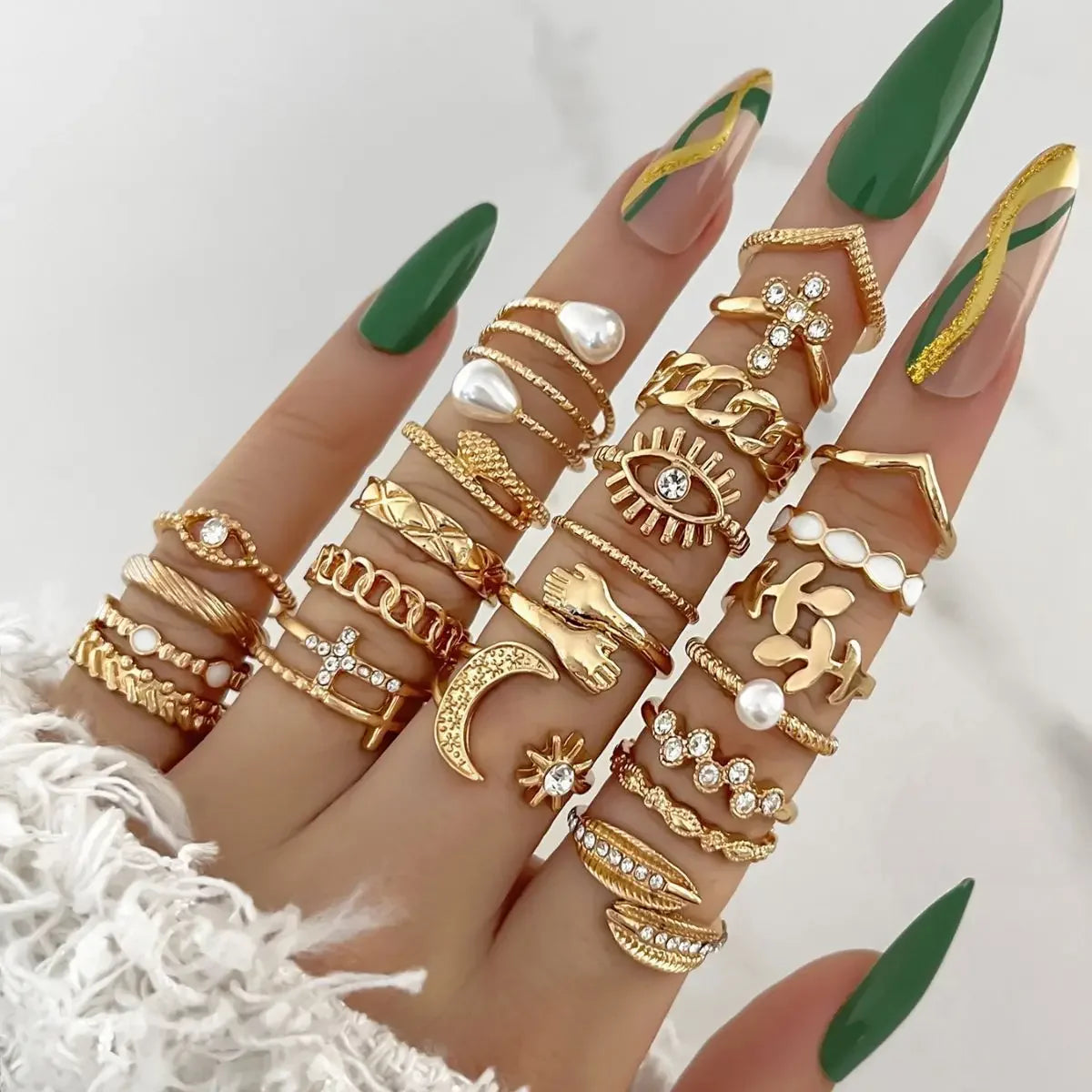 Silver Color Geometric Knuckle Ring Set For Women Artificial Pearl Simple Chain Finger Ring Female Bohemian Jewelry Accessories