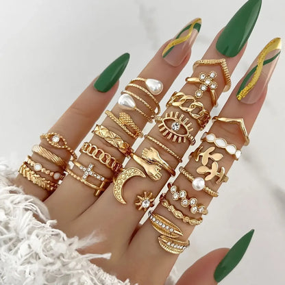 Silver Color Geometric Knuckle Ring Set For Women Artificial Pearl Simple Chain Finger Ring Female Bohemian Jewelry Accessories