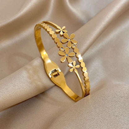 Greatera Stainless Steel Double Flower Cuff Bracelet Bangle for Women Gold Color Metal Floral Bracelets Waterproof Party Jewelry