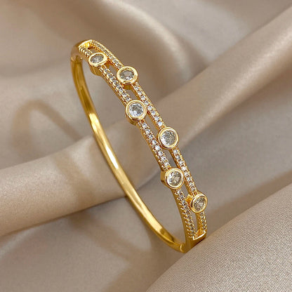 Flashbuy Gold Color Chic Inlaid Zircon Copper Bangle Bracelet For Women Statement New Design Temperament Wrist Fashion Jewelry