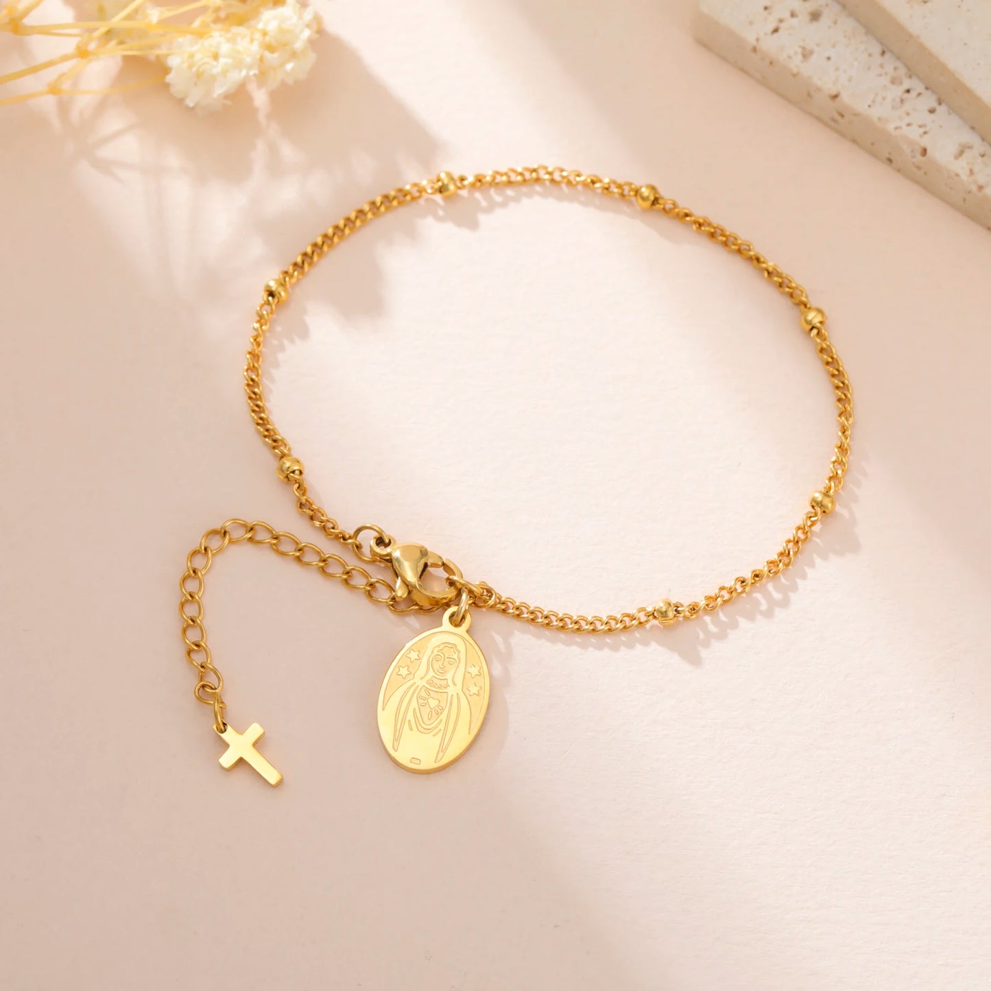 Stainless Steel Beaded Cross Virgin Mary Pendant Bracelet Fashion Jewelry Bracelet Gift for Woman