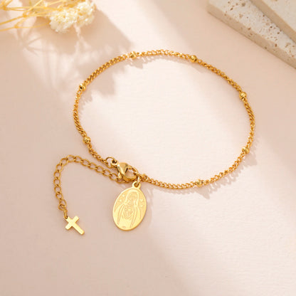 Stainless Steel Beaded Cross Virgin Mary Pendant Bracelet Fashion Jewelry Bracelet Gift for Woman