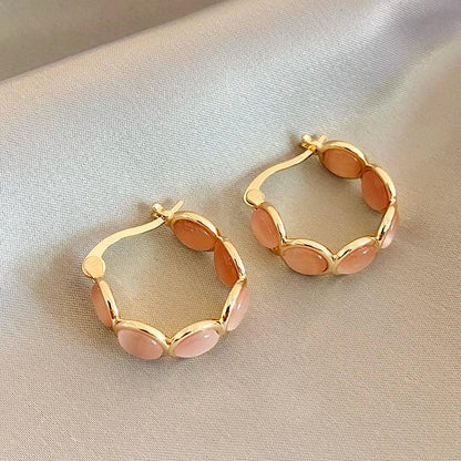 Sweet Girls' Pink Round Opals Hoop Earrings 2025 New Design Jewelry Luxury Accessories Suitable for Women's Daily Wear Earrings