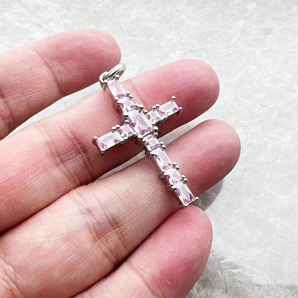 Pendant Cross with Pink Stones Brand New Jewelry 925 Sterling Silver Europe Accessories Romantic Gift For Women