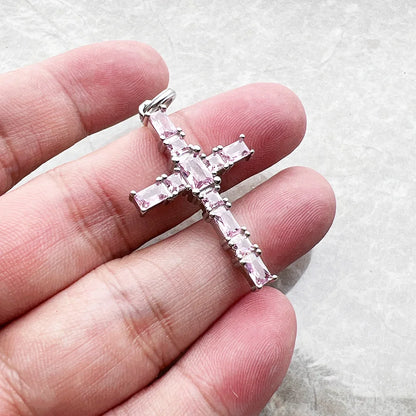 Pendant Cross with Pink Stones Brand New Jewelry 925 Sterling Silver Europe Accessories Romantic Gift For Women